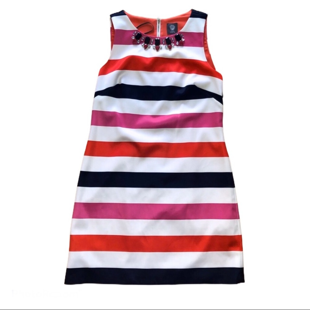Cream, Navy, Pink and Coral Sleeveless Stipe Dress